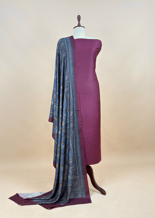 Wine Pashmina Suit With Digital Print Dupatta