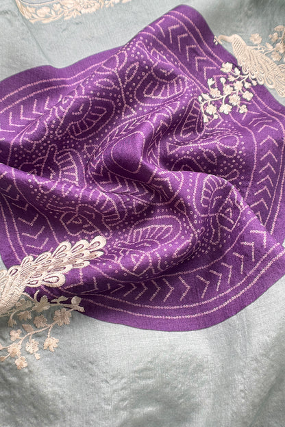 Powder Blue Pure Handwoven Silk Suit With Tussar Bandhani Dupatta