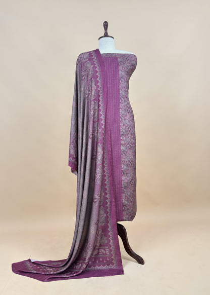 Brown Winters Spun Pashmina Digital Print Suit Fabric With Kantha Embroidery