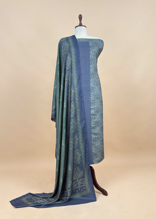 Blue Winters Spun Pashmina Digital Print Suit Fabric With Kantha Embroidery
