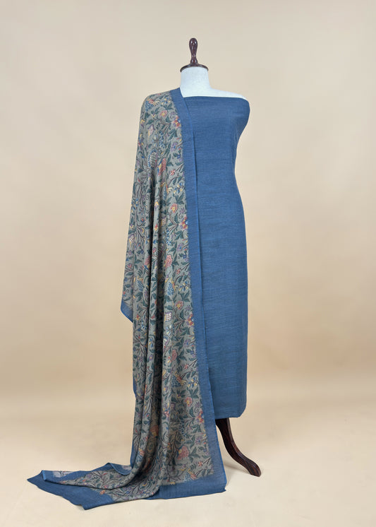 Blue Pure Pashmina Unstitched Suits With Kalamkari Dupatta