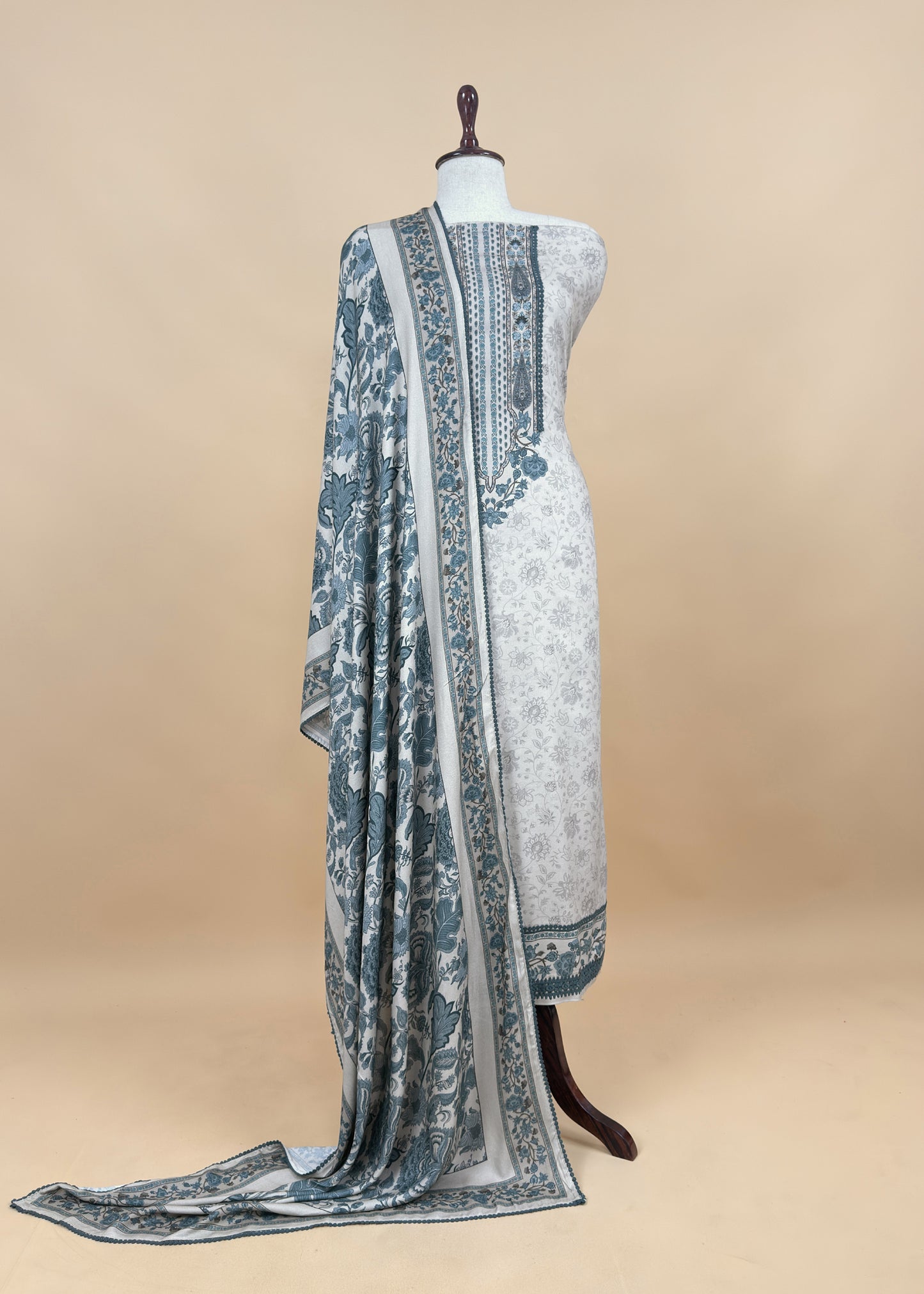 White And Grey Winters Spun Pashmina Digital Print Suit Fabric