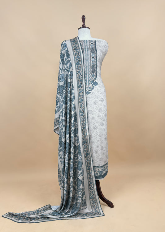 White And Blue Winters Spun Pashmina Digital Print Suit Fabric
