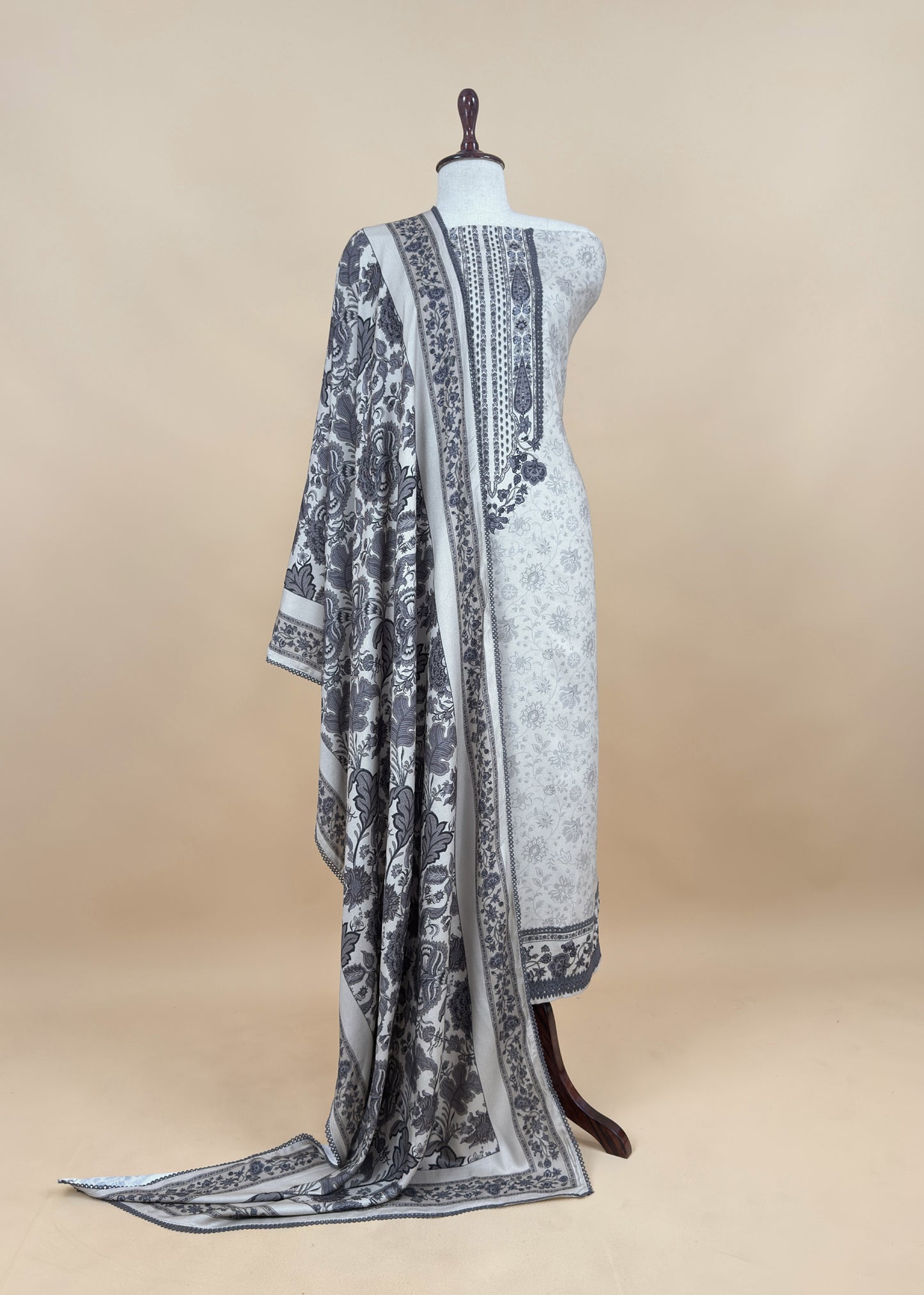 White And Grey Winters Spun Pashmina Digital Print Suit Fabric
