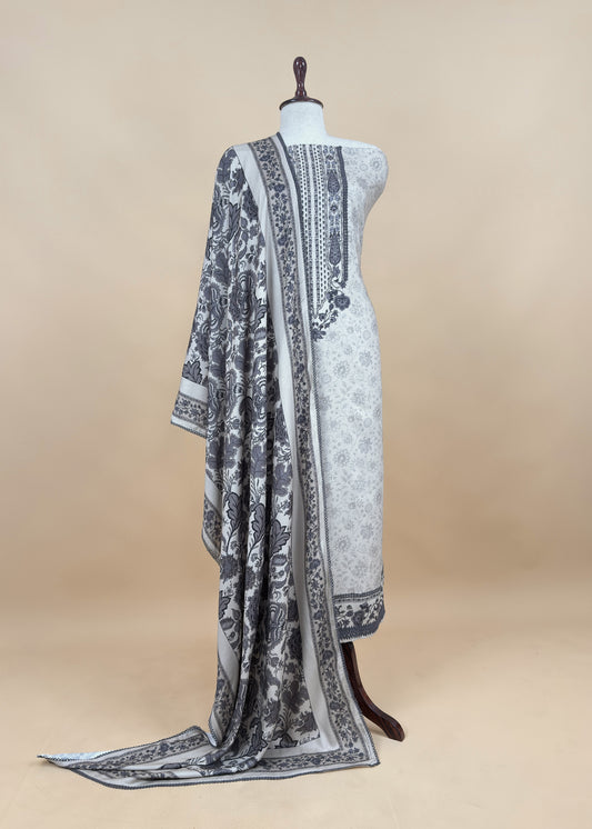 White And Grey Winters Spun Pashmina Digital Print Suit Fabric