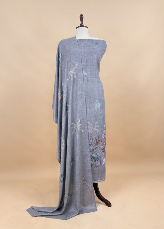 Grey Unstitched Woolen Suit With Aari Embroidery Work