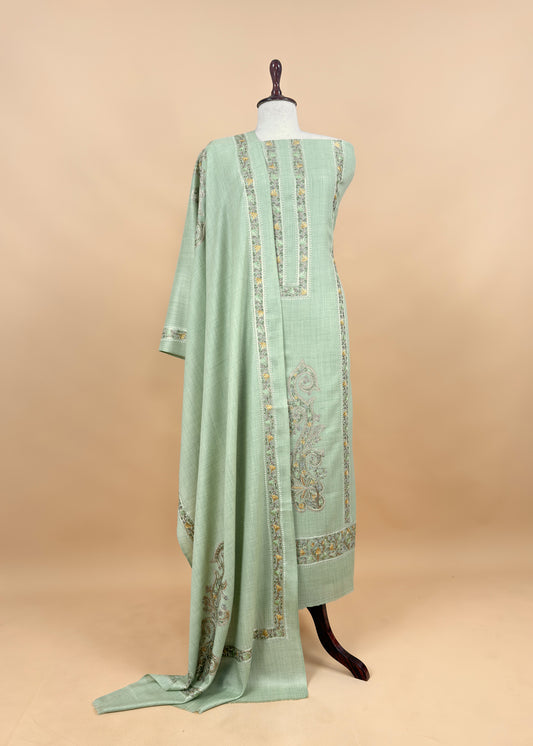 Pastel Green Pure Merino Wool With Beautiful Aari Embroidery