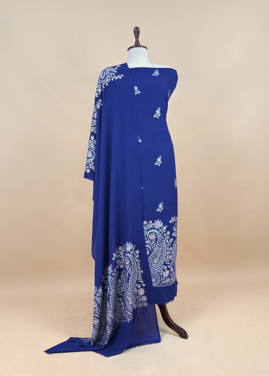 Derk Blue Unstitched Woolen Suit With Aari Embroidery Work