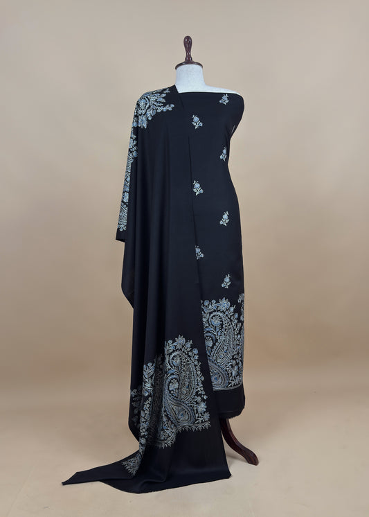 Black Unstitched Woolen Suit With Aari Embroidery Work