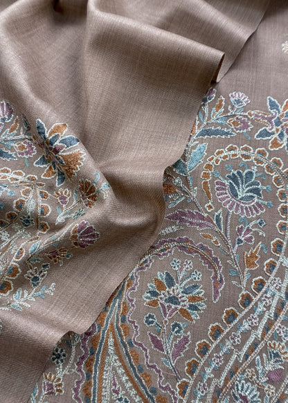 Beige Unstitched Woolen Suit With Aari Embroidery Work