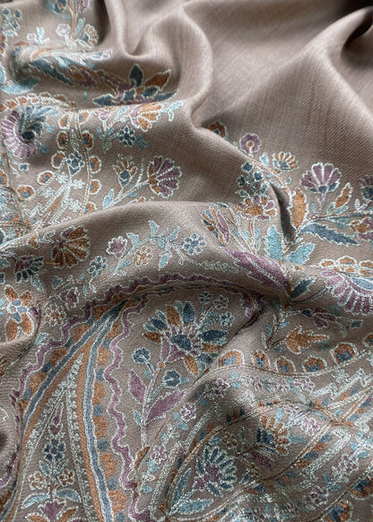 Beige Unstitched Woolen Suit With Aari Embroidery Work