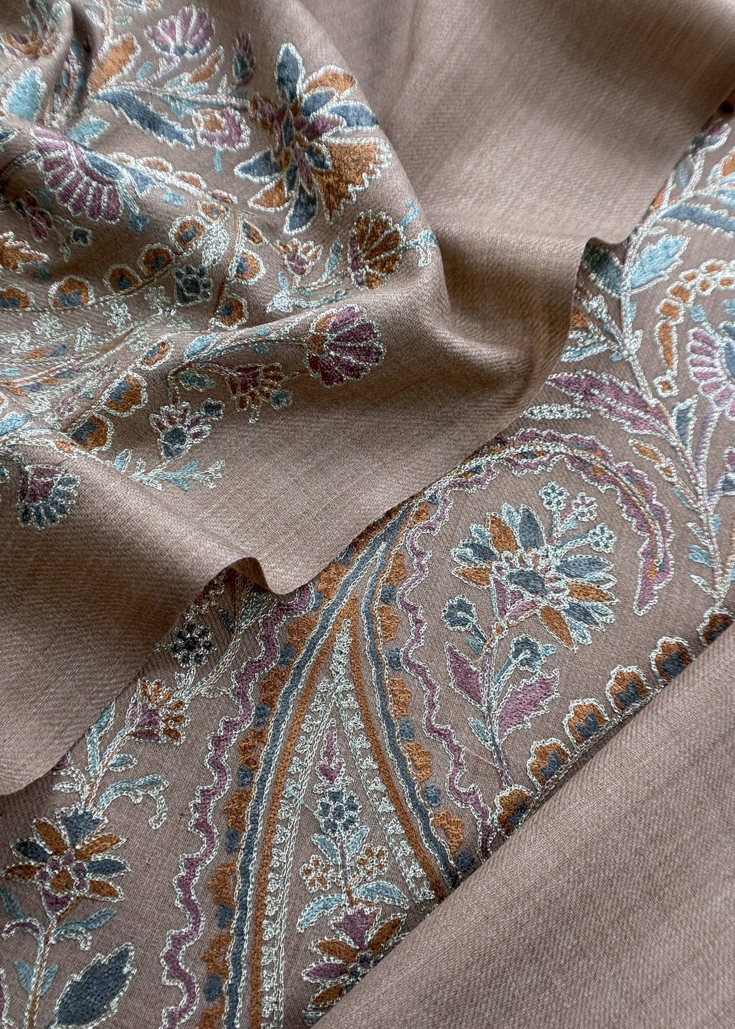 Beige Unstitched Woolen Suit With Aari Embroidery Work