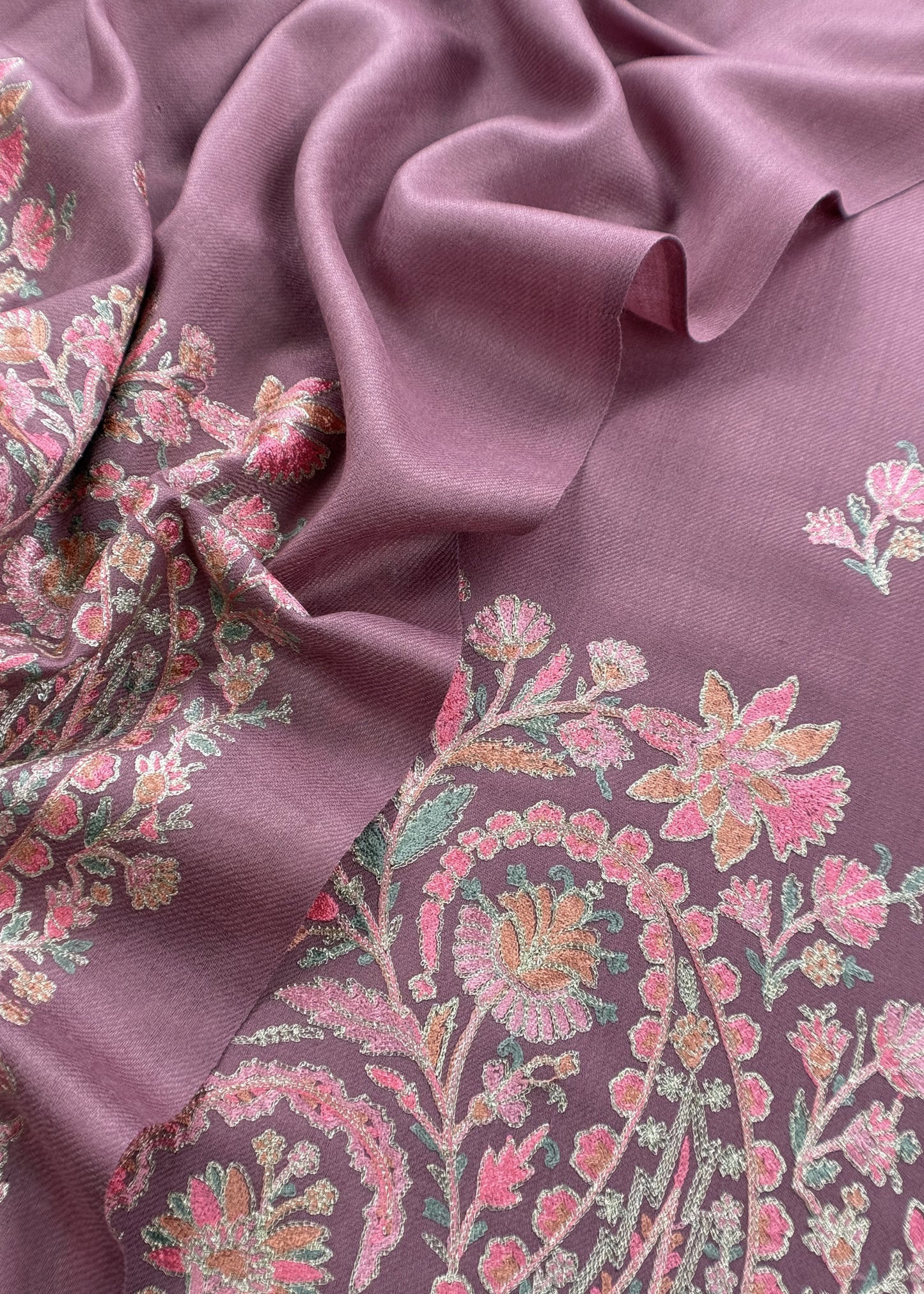 Mauve Unstitched Woolen Suit With Aari Embroidery Work