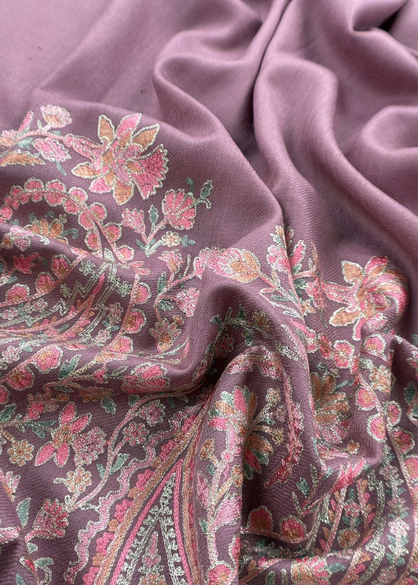 Mauve Unstitched Woolen Suit With Aari Embroidery Work