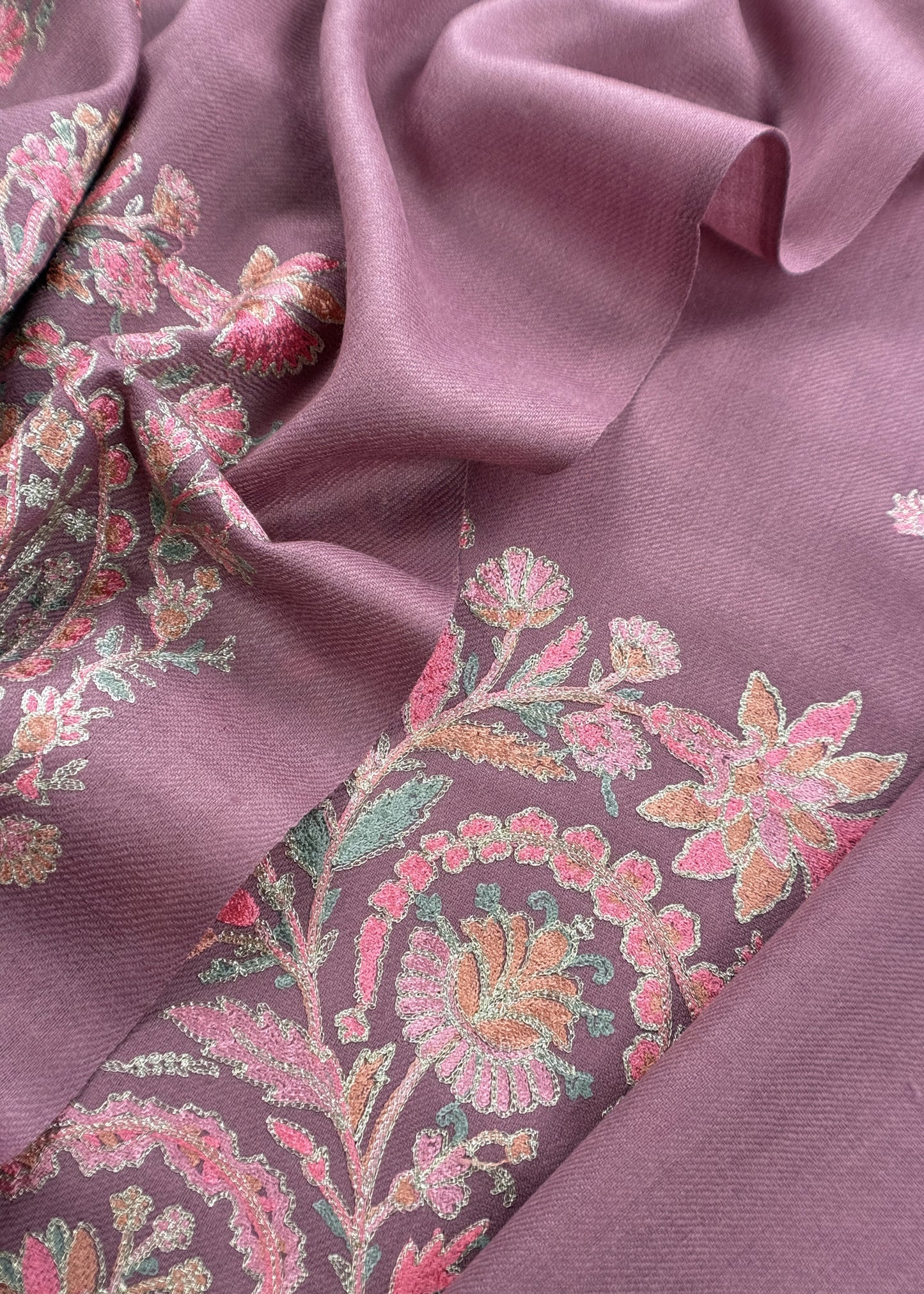 Mauve Unstitched Woolen Suit With Aari Embroidery Work