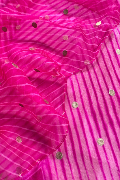 Rani Pink Handloom Lehariya Silk Suit With Organza Silk Dupatta
