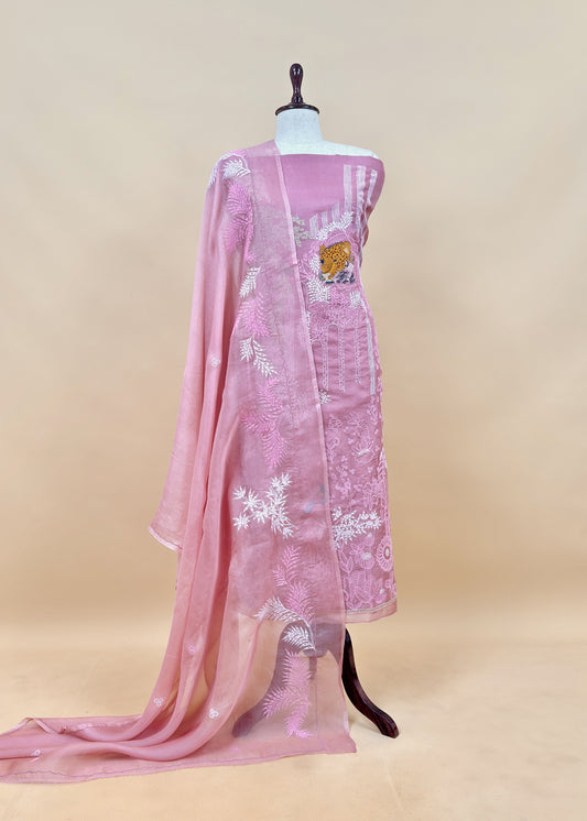 Garden of Dreams Luxe Baby Pink Handloom Kora Silk Suit fabric with Gold Dori and French thread embroidery