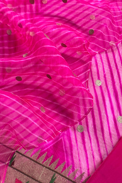 Rani Pink Handloom Lehariya Silk Suit With Organza Silk Dupatta