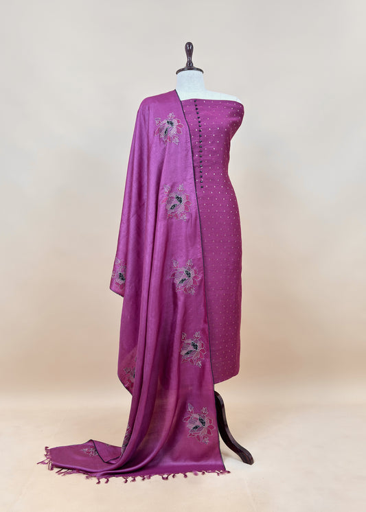 Purple Handloom Desi Tussar Suit Fabric With Applique Work And Embroidery