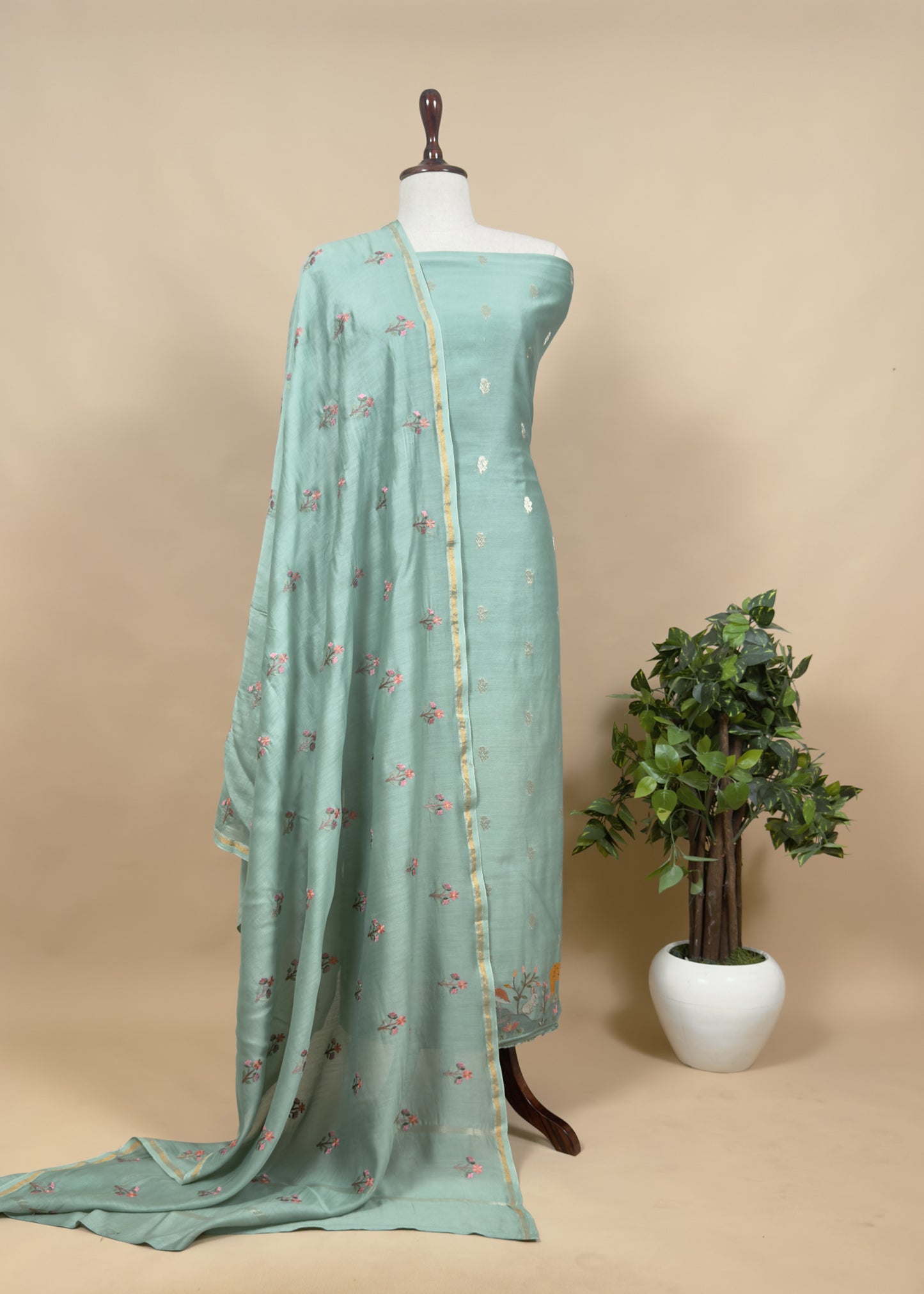 Summers Aqua Green Mul Chanderi Banarasi Suit With Resham Embroidery