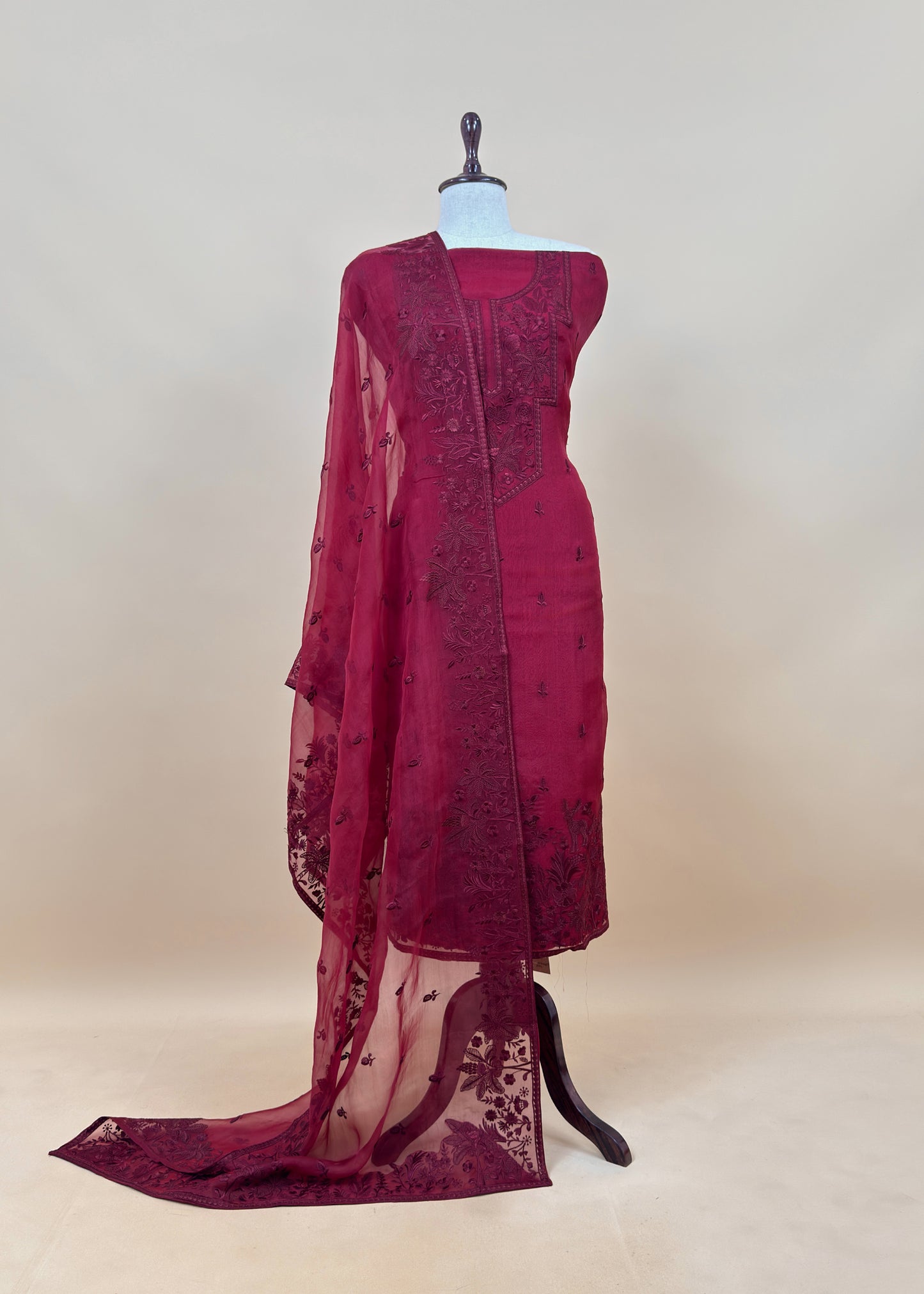 Purple Handloom Organza Silk Suit In Parsi Embroidered