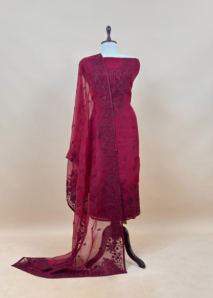 Red Handloom Organza Silk Suit in Parsi Embroidered