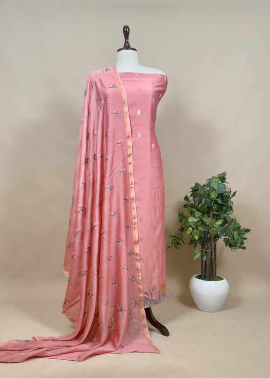 Summers Light Pink Mul Chanderi Banarasi Suit With Resham Embroidery