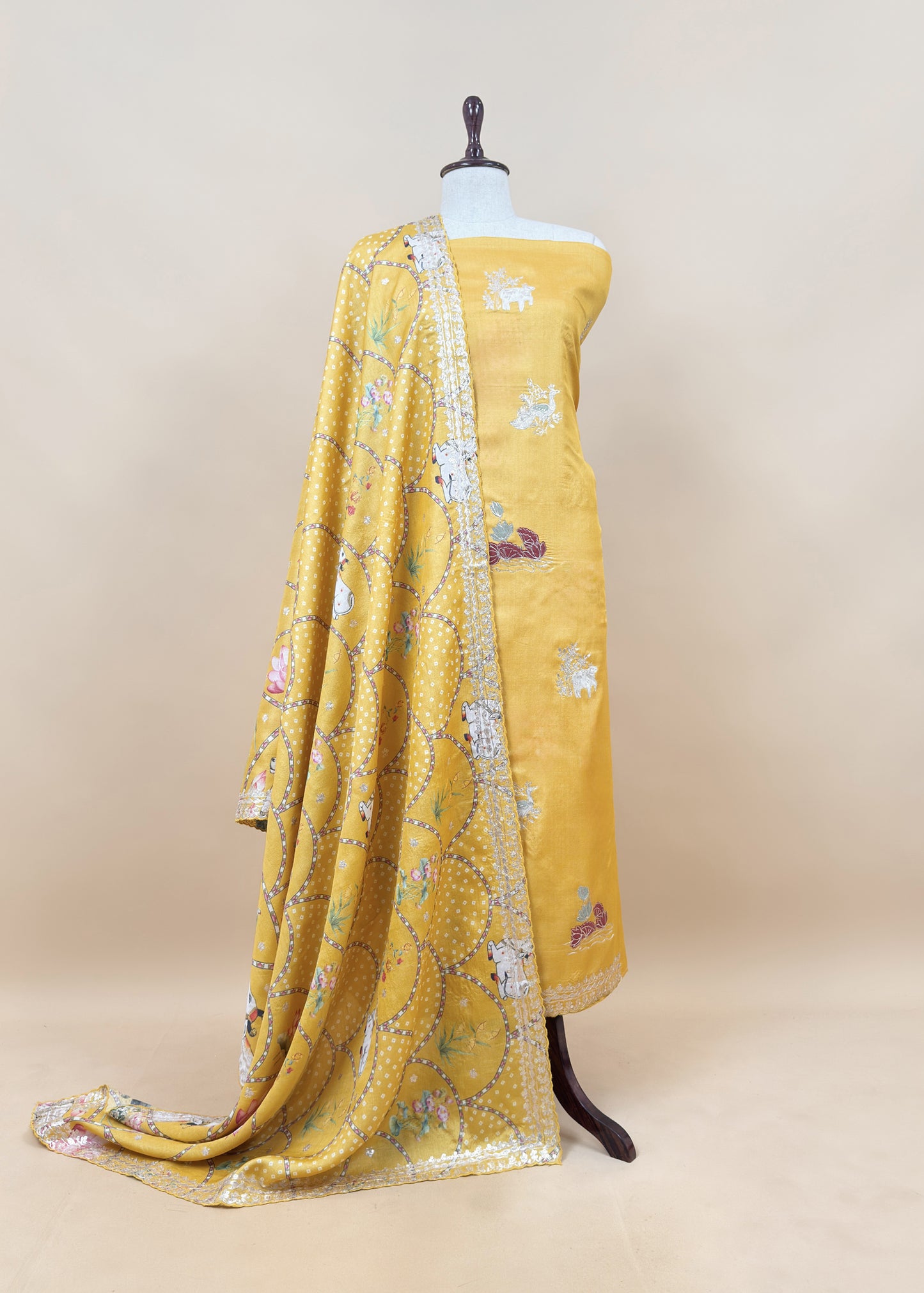 Yellow Munga Tussar Kurta And Pichwai Dupatta With Pitta Work