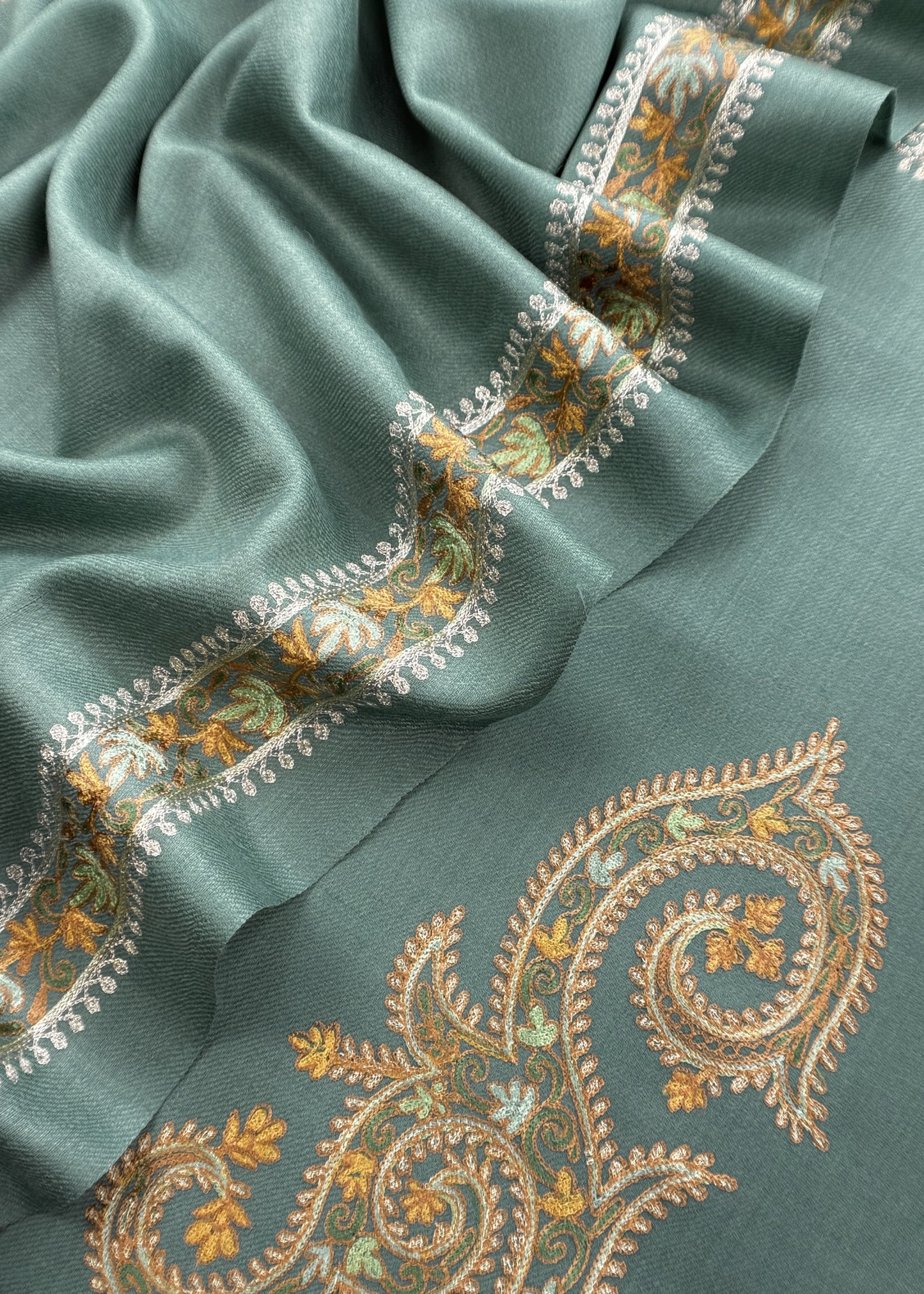 Baby Green Pure Merino Wool With Beautiful Aari Embroidery