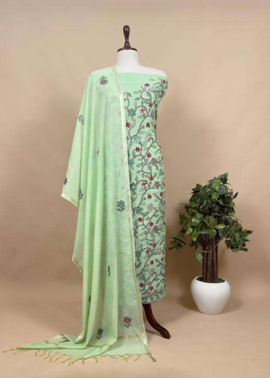 Fresh And Wild Green Kantha Embroidered Suit In Pure Mul Chanderi