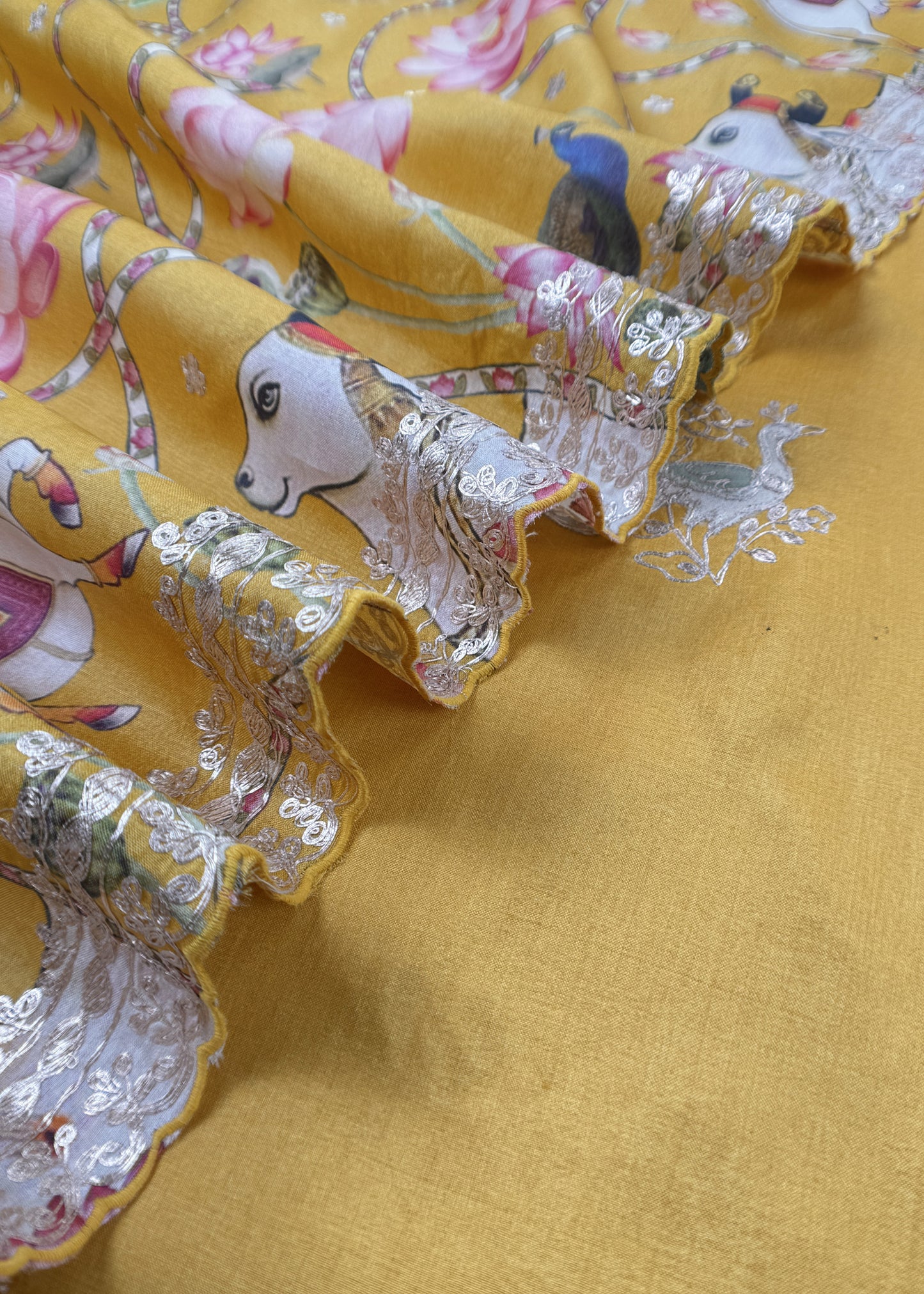 Yellow Munga Tussar Kurta And Pichwai Dupatta With Pitta Work