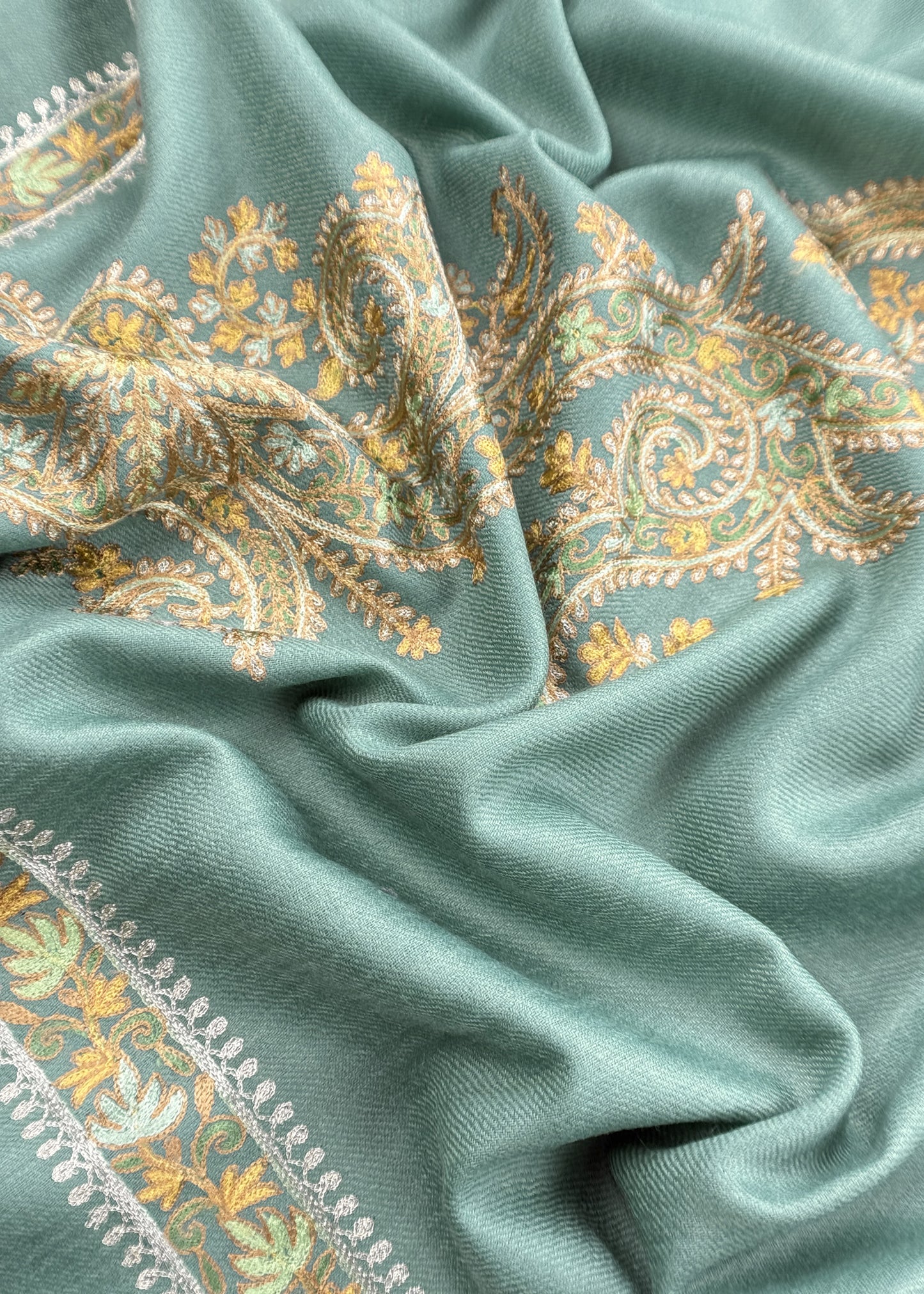 Baby Green Pure Merino Wool With Beautiful Aari Embroidery