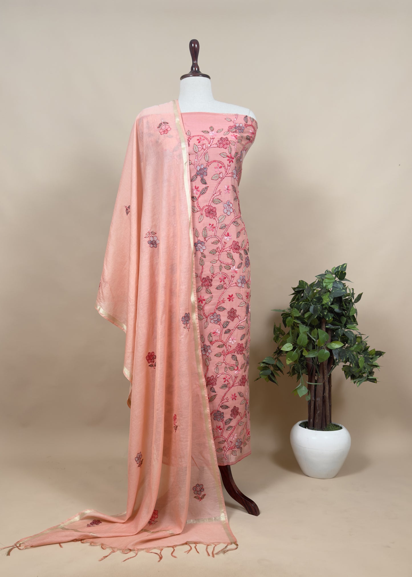 Pink Kantha Embroidered Suit In Pure Mul Chanderi