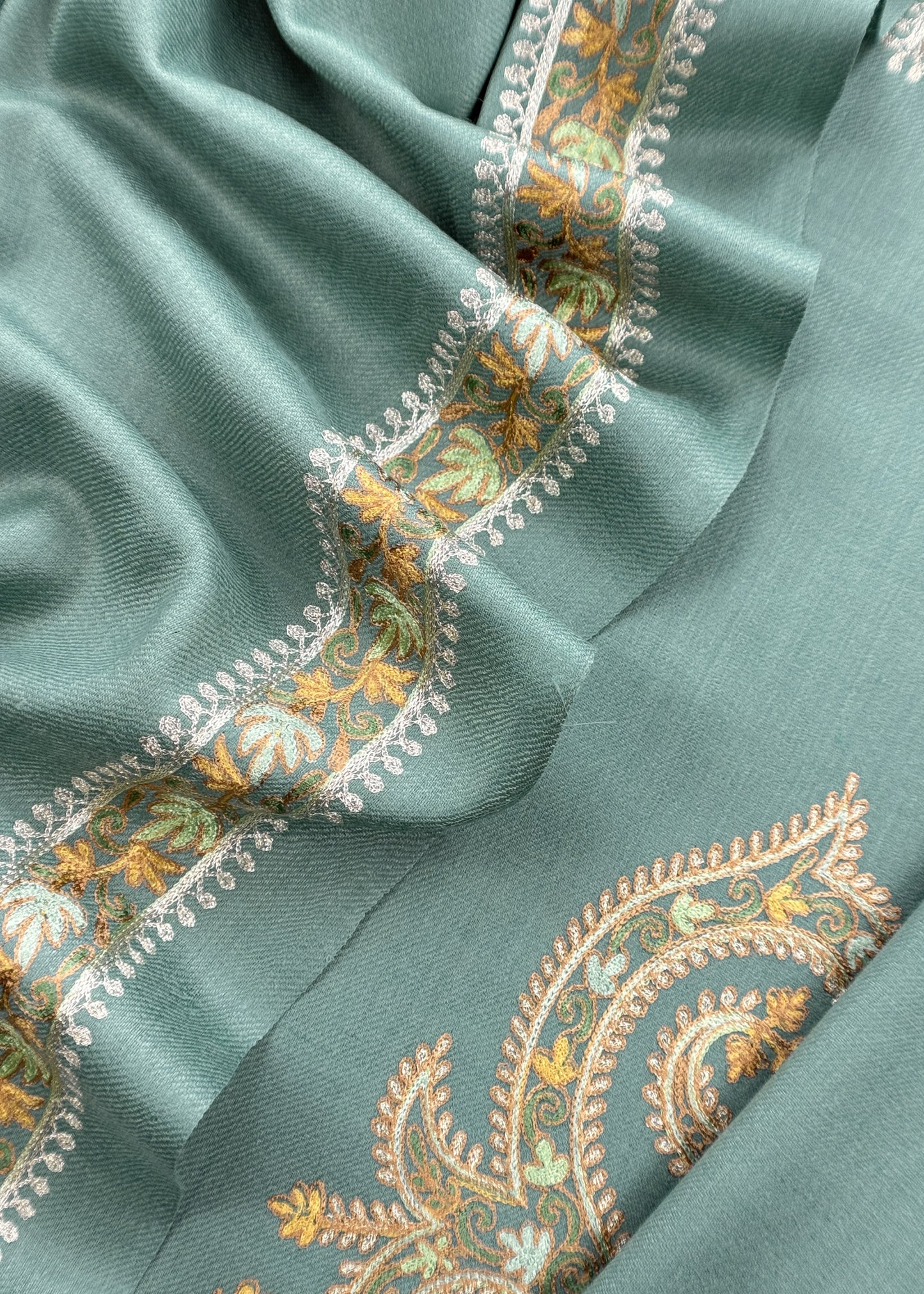 Baby Green Pure Merino Wool With Beautiful Aari Embroidery