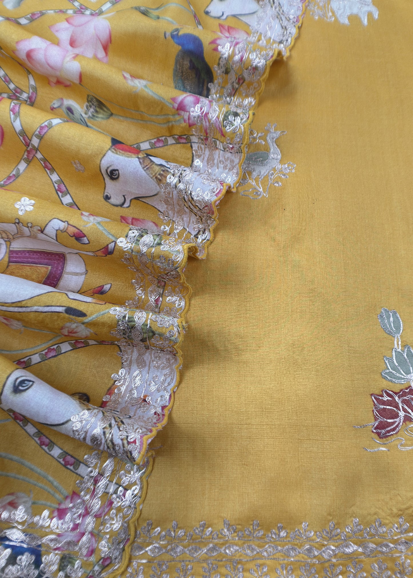 Yellow Munga Tussar Kurta And Pichwai Dupatta With Pitta Work