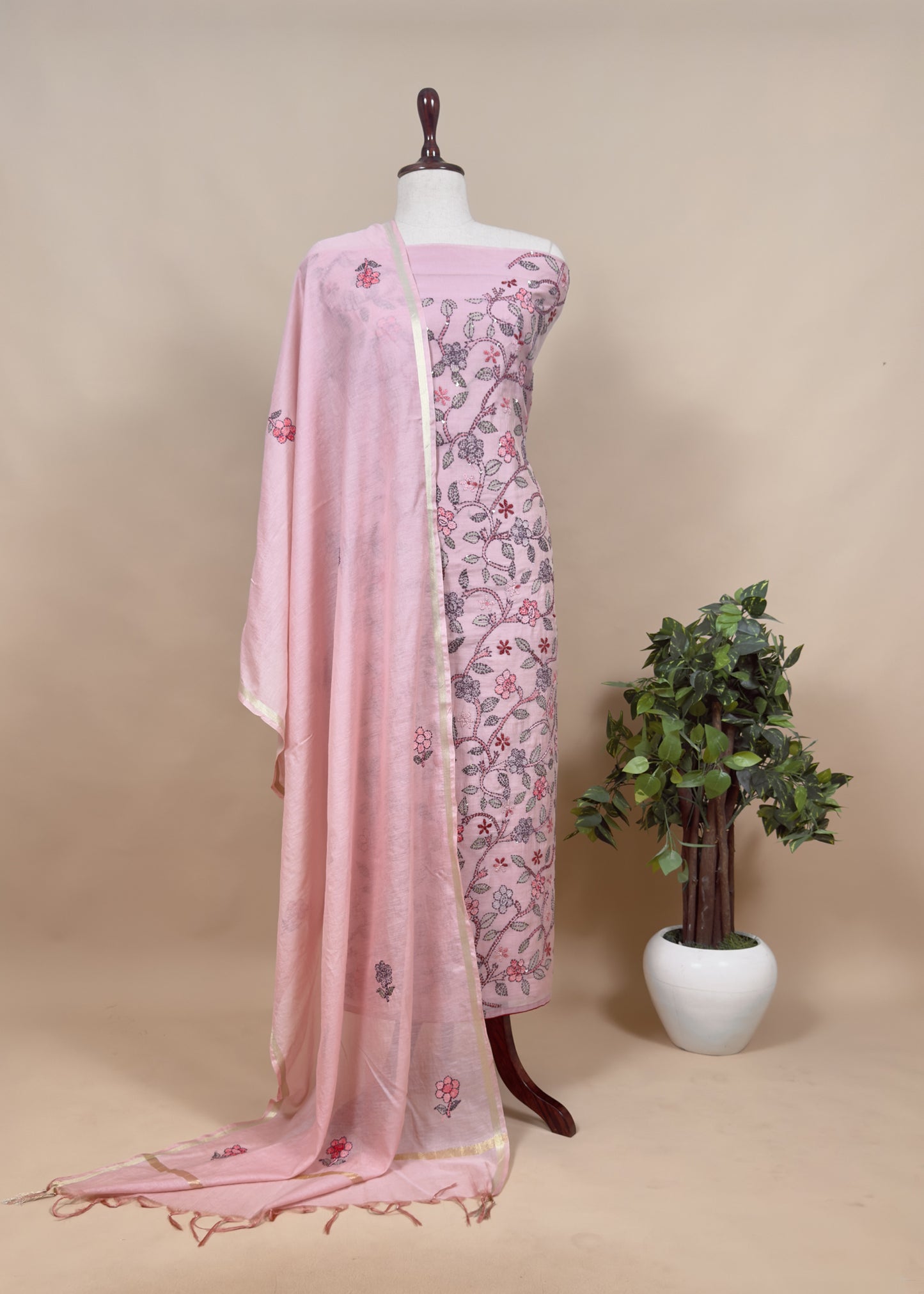 Peach Kantha Embroidered Suit In Pure Mul Chanderi