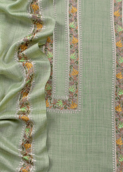Pastel Green Pure Merino Wool With Beautiful Aari Embroidery