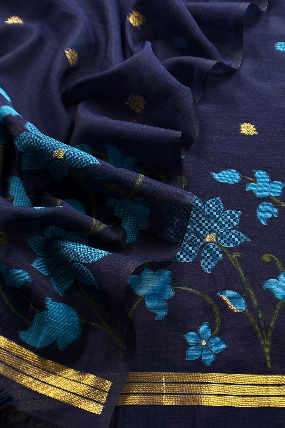 Blue Chanderi Linen Suit With Jamdani Weaving