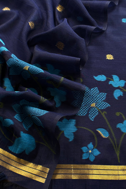 Blue Chanderi Linen Suit With Jamdani Weaving