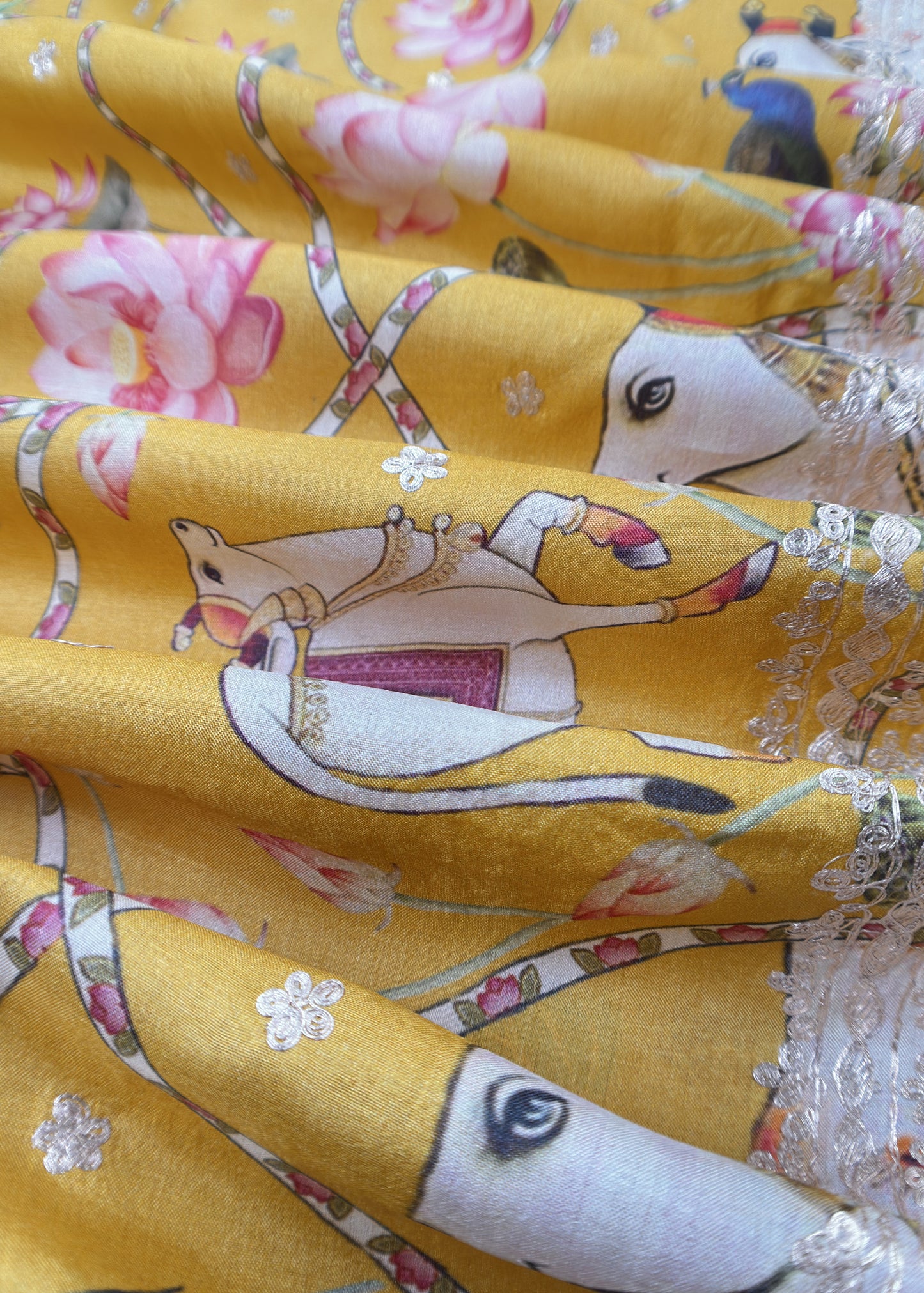 Yellow Munga Tussar Kurta And Pichwai Dupatta With Pitta Work