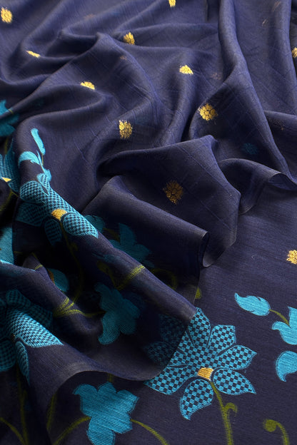 Blue Chanderi Linen Suit With Jamdani Weaving