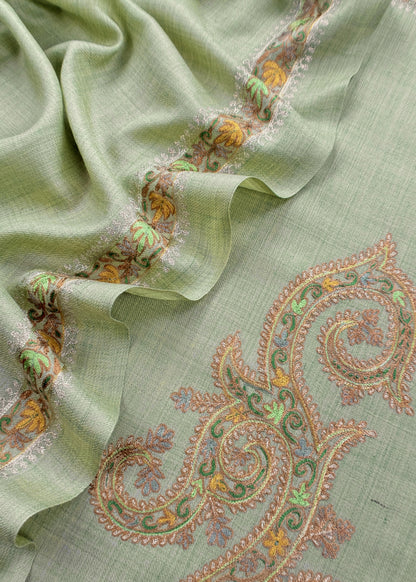 Pastel Green Pure Merino Wool With Beautiful Aari Embroidery