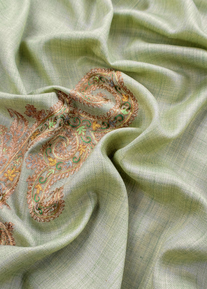 Pastel Green Pure Merino Wool With Beautiful Aari Embroidery