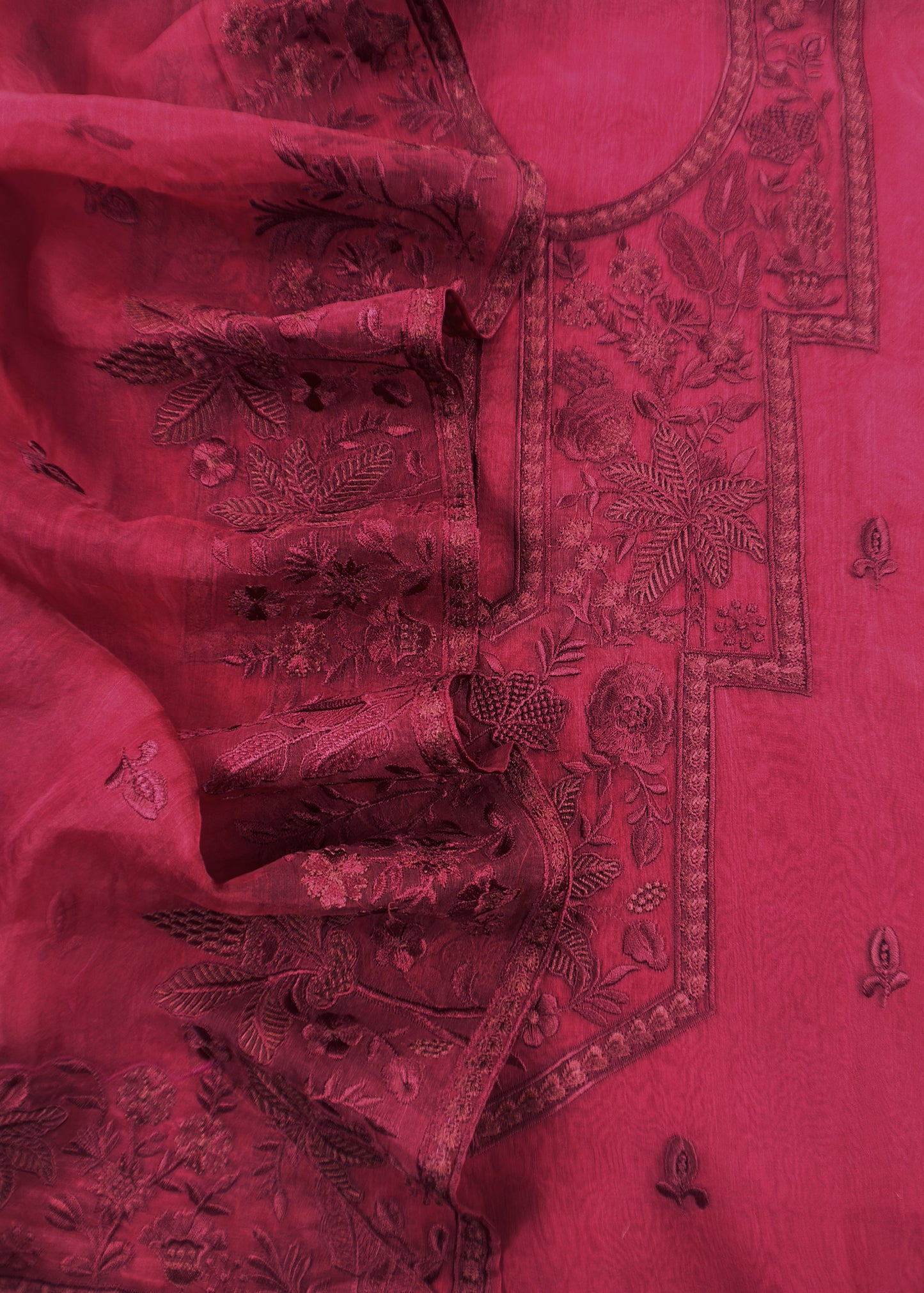 Red Handloom Organza Silk Suit in Parsi Embroidered