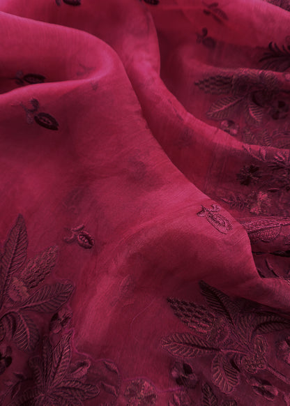 Red Handloom Organza Silk Suit in Parsi Embroidered