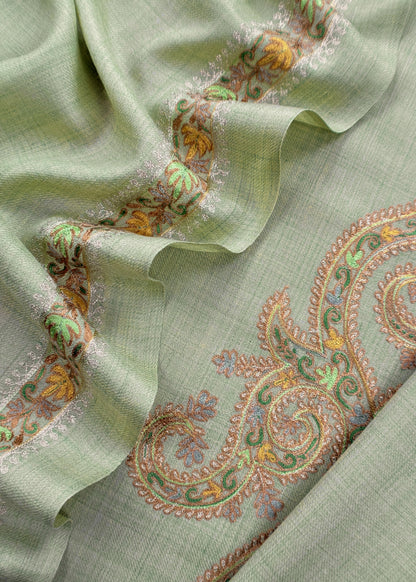 Pastel Green Pure Merino Wool With Beautiful Aari Embroidery