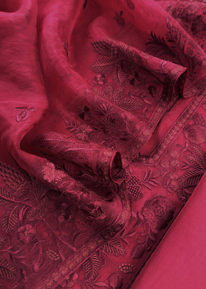 Red Handloom Organza Silk Suit in Parsi Embroidered