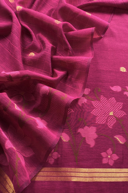 Pink Chanderi Linen Suit With Jamdani Weaving