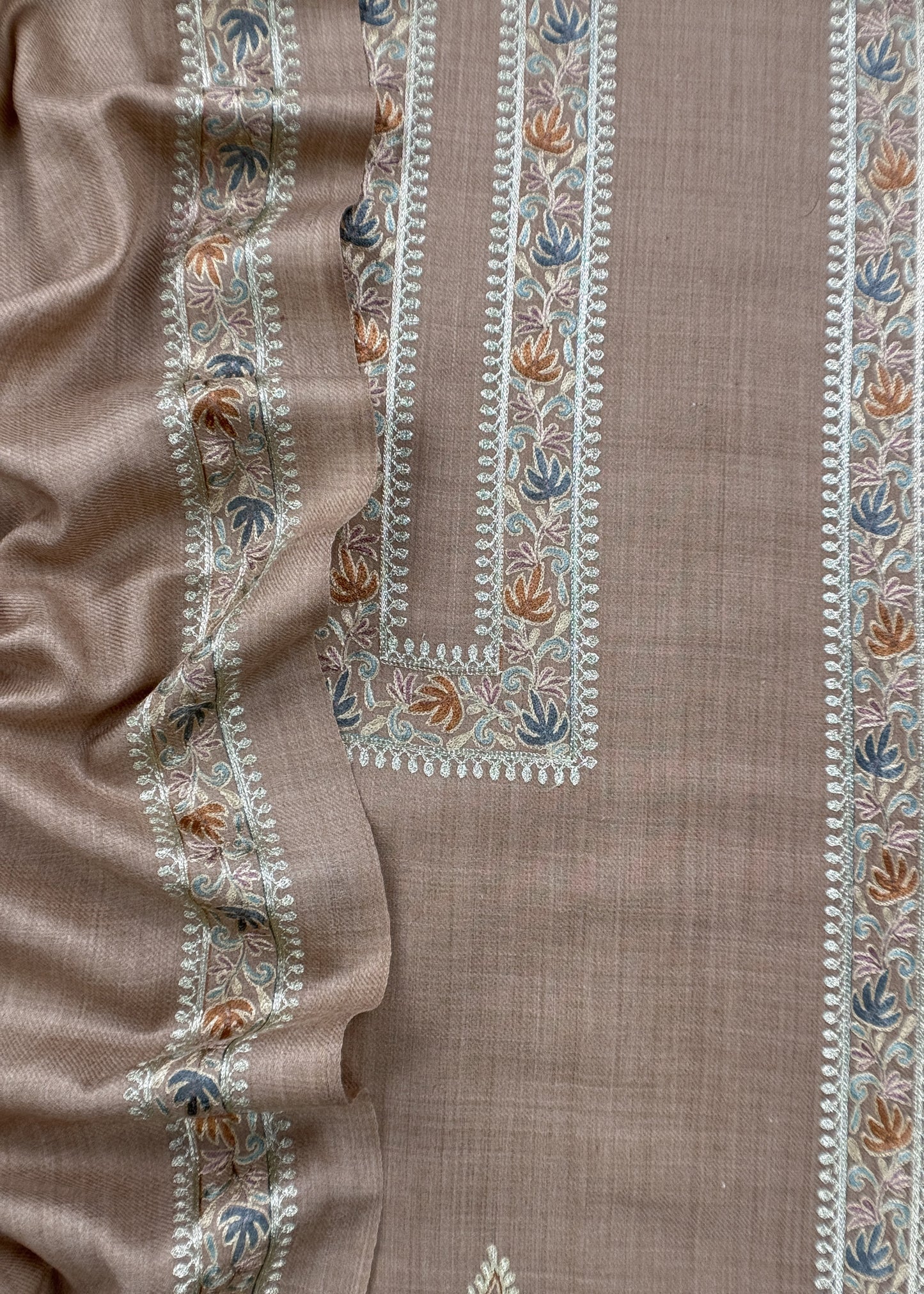 Beige Pure Merino Wool With Beautiful Aari Embroidery