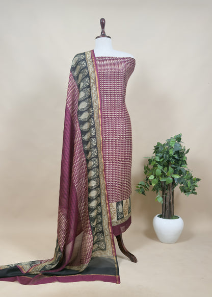 Blue Handloom Maheshwari Silk Suit With Hand Block Print